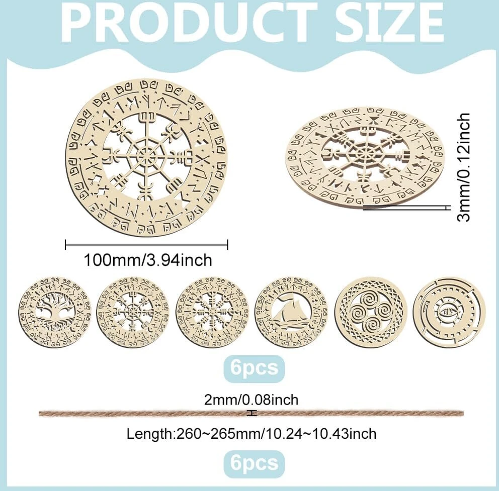 Fingerinspire 6 vnt. medinių gyvybės medžio sienų dekoracijų 10 cm vikingų karo laivo meno dekoras su virvėmis išskaptuotas blogos akies sienų pakabinamas ženklas medinė skandinaviška vikingų runų sienų skulptūra