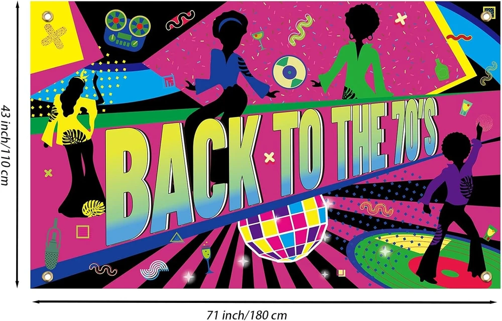 Fingerinspire 70s vakarėlio dekoracija, reklaminis plakatas 180 x 110 cm - atgal į 70-uosius - spalvingo fono teminis vakarėlio reklaminis plakatas su pakabinama virve, disko fonas
