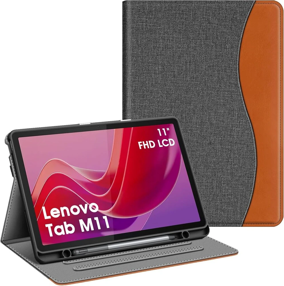 Fintie dėklas su rašiklio laikikliu, skirtas Lenovo Tab M11 (tb330) 11 colių 2024, minkštas Tpu galinis apsauginis dėklas su dokumentų skyreliais ir daugia kampų peržiūra, netinka Lenovo Tab P11 11 colių, denim pilkas