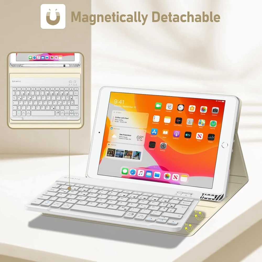 Fintie klaviatūros dėklas, skirtas ipad 10.2 colių (9/8/7 kartos – 2021/2020/2019), apsauginis dėklas su tpu galiniu dangteliu, pieštuko laikikliu ir magnetine nuimama klaviatūra su qwertz išdėstymu, starlight