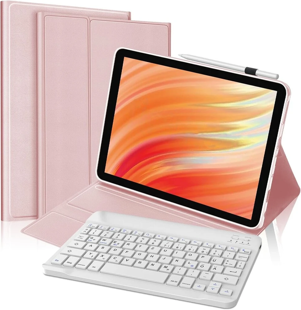 Fire Hd 10 13 kartos 2023 klaviatūros dėklas, Fire Hd 10/hd 10 Plus 10.1 colio planšetinio kompiuterio 2021 dėklas 11 kartos, magnetinė nuimama klaviatūra su Qwertz išdėstymu, rožinė
