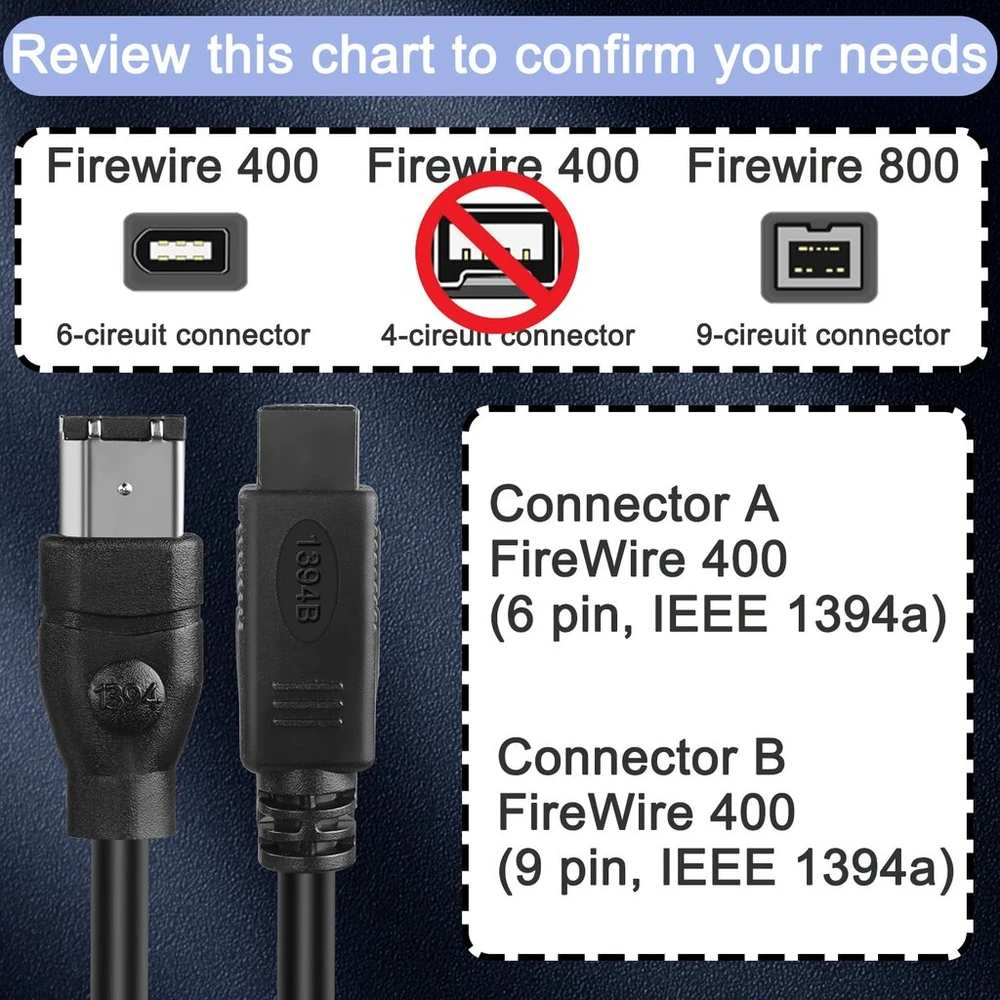 Firewire 9-pin į 6-pin kabelis duomenų perdavimui