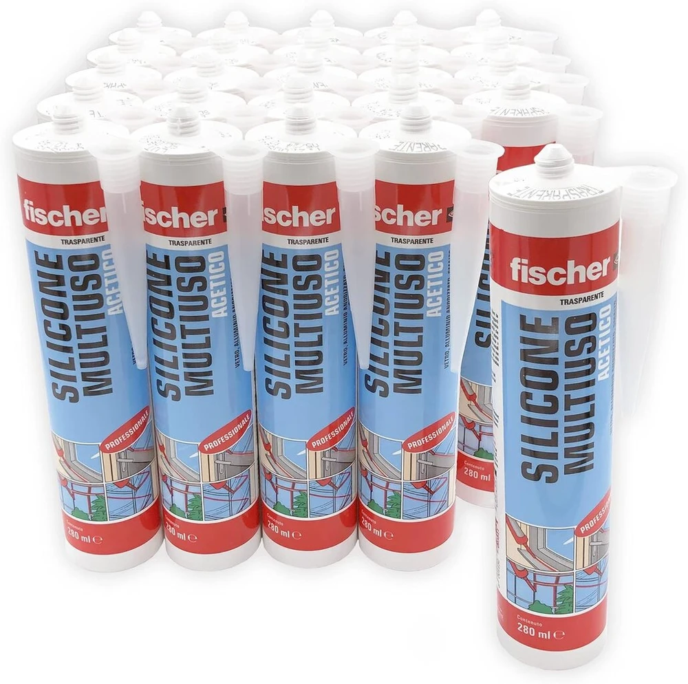 Fischer universalus silikoninis hermetikas Acetic Sam 280, skaidrus, atsparus pelėsiui, skirtas stiklui, aliuminiui, emaliui, keramikai, tinkamas voniai ir virtuvei, 25 vnt.