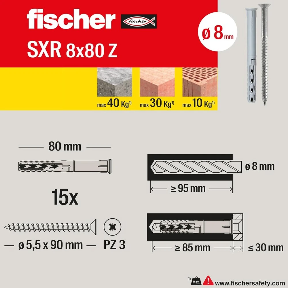 Fisher Fischer 8 x 80mm pilki prailginti kaiščiai su varžtu