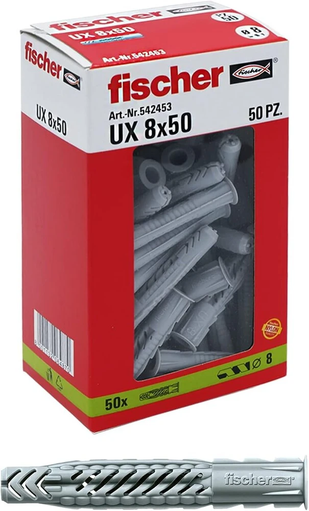Fisher Fischer Ux 8x50 mm kaiščiai sienoms, perforuotoms plytoms, gipso kartonui