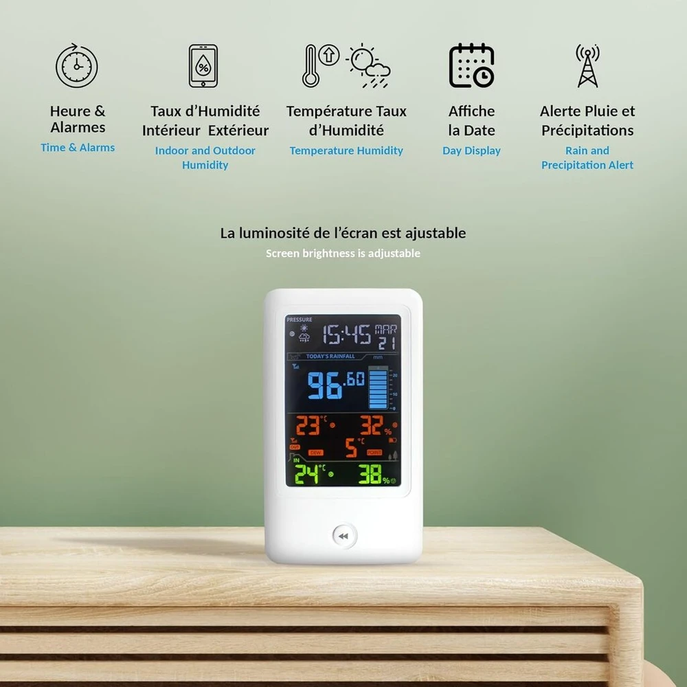 Fishtec - išmanioji meteorologijos stotis - lauko jutiklis - reguliuojamas lcd ekranas - lietaus matuoklis pastatomas - datos, laiko, temperatūros, drėgmės, orų prognozės rodymas - ekranas