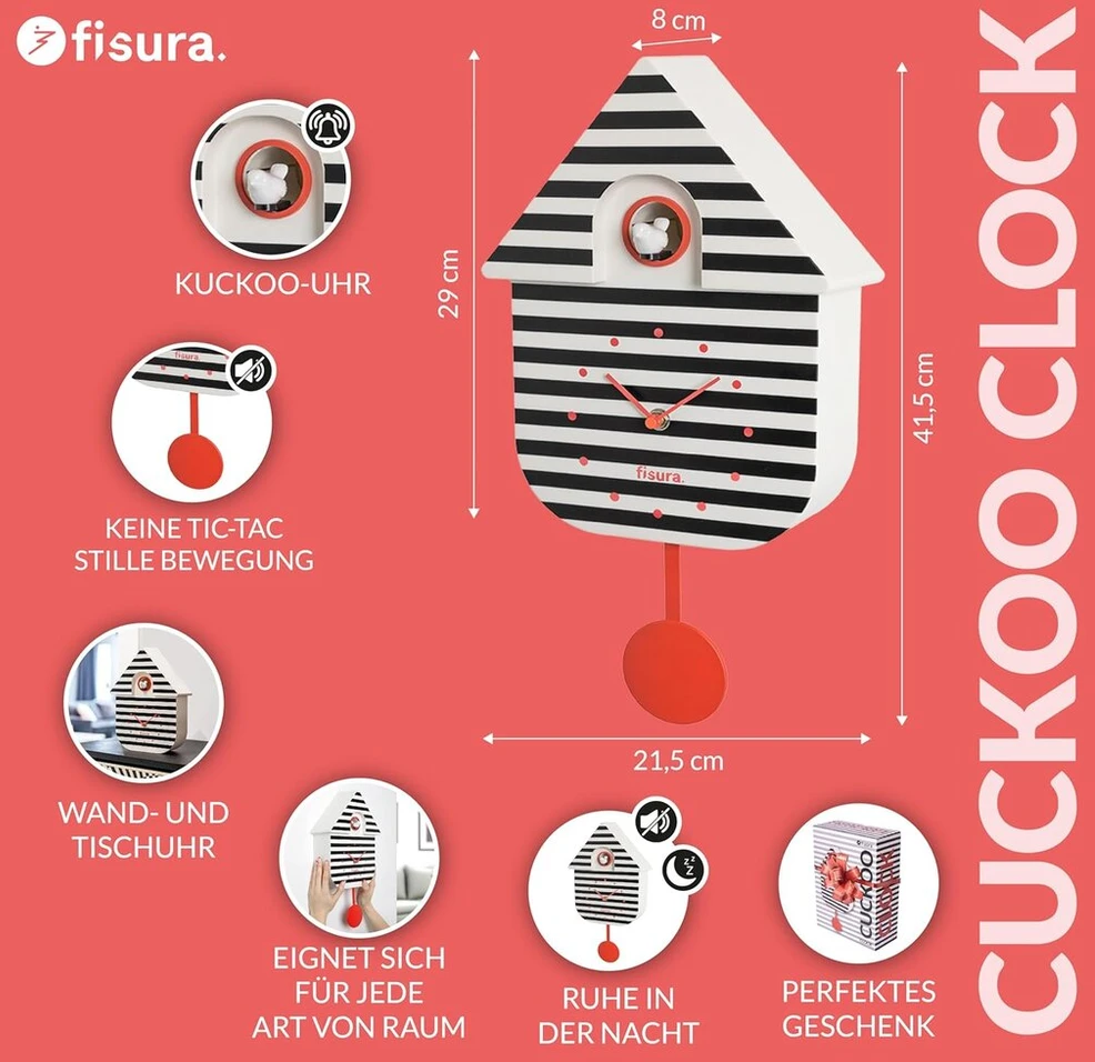 Fisura - gegutės laikrodis su dryžiais ir raudonu ciferblatu, originalus juodai baltas sieninis laikrodis, stilinga dekoracija ir dovanos idėja. 3 x Aa baterijos nepridedamos. Matmenys: 21,5 x 8 x 41,5 cm. Abs plastikas.