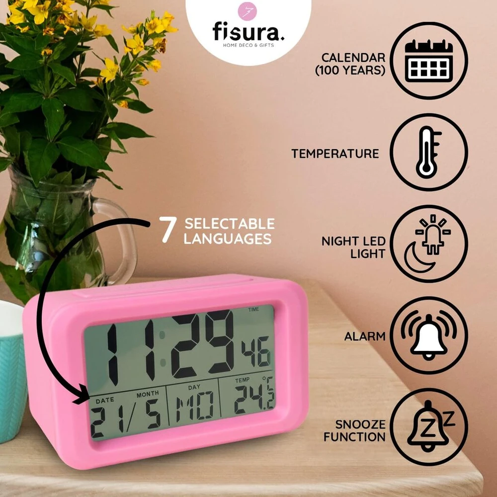 Fisura - rožinis skaitmeninis žadintuvas su Led apšvietimu, datos ir temperatūros ekranu, 2 žadintuvai, snaudimo funkcija, skaitmeninis žadintuvas su baterija, 2 Aaa baterijos, 12x5.5x7