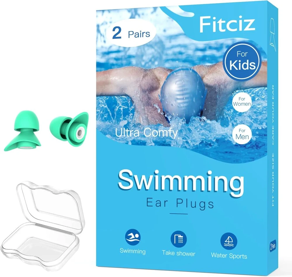 Fitciz ausų kištukai plaukiojimui vaikams (nuo 8 metų) - su dėžute - daugkartinio naudojimo minkšti silikoniniai ausų kištukai plaukiojimui vaikams - ausų kištukai vaikams (vaikams, 2 poros)
