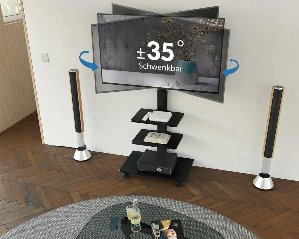 Laikiklis Fitueyes tv stovas, riedantis tv vežimėlis su 3 lentynomis, reguliuojamo aukščio pasukamas tv stovas, skirtas 32–60 colių plokštiems ir lenktiems televizoriams iki 30 kg, maks. vesa 600 x 400
