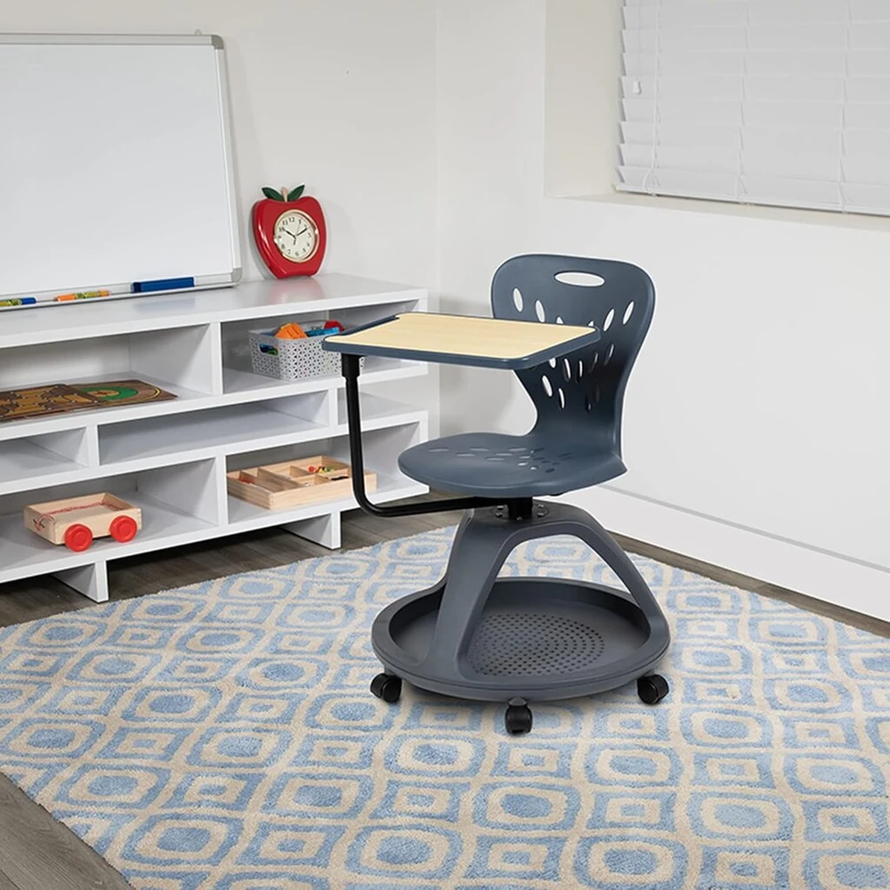 Flash Furniture Laikyn mobilioji rašomojo stalo kėdė su 360 laipsnių planšetės pasukimu ir skyreliu po sėdyne, rašomojo stalo kėdė su ratukais klasei ir nuotoliniam mokymuisi, tamsiai pilka