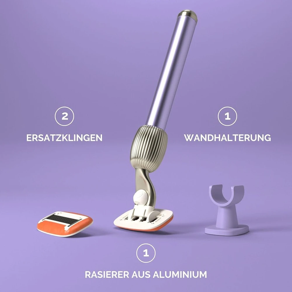 Fler rinkinys "the Razor Starter Set" - moteriškas skustuvas su keičiamomis galvutėmis, skustuvas su laikikliu ir 2 atsarginiais peiliukais, unisex skustuvas, skustuvo peiliukai su alaviju, vitaminu E (alyvinė violetinė)