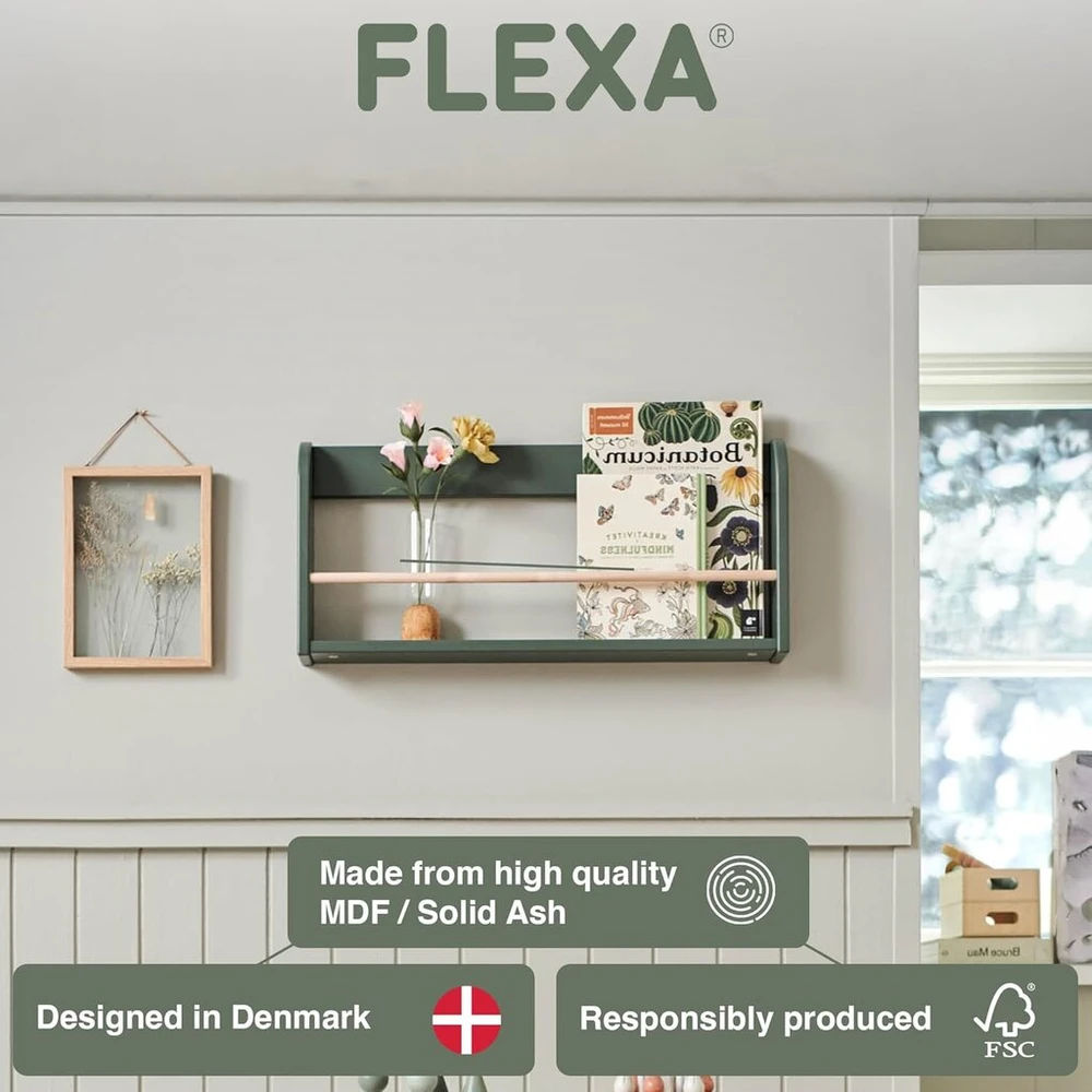 Flexa Dots vaikiška medinė knygų lentyna, sieninė lentyna, vaikų kambarys, knygų organizatorius su lentyna, uosio mediena ir Mdf, vaikiška lentyna knygoms laikyti vaikų kambariui, žaidimų kambarys, spalva: kreminė