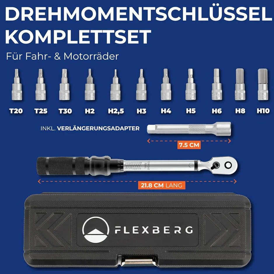 Flexberg 1/4 sukimo momento raktas - dviračio sukimo momento raktas priežiūrai - tikslus rinkinys Mtb ir dviračių remontui, įskaitant šešiakampį raktą ir torx antgalius - 2-20nm