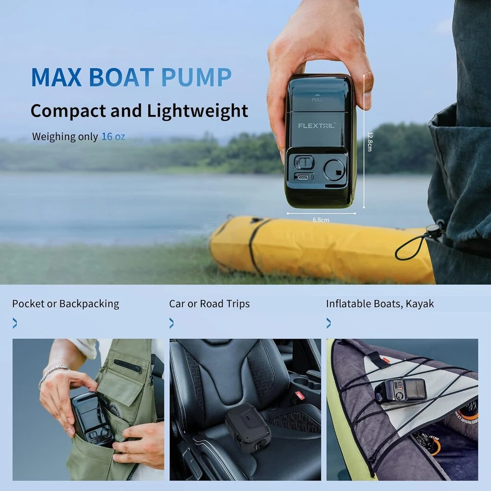 Flextailgear Max valties pompa, elektrinė pripučiamos valties pompa, akumuliatorinė oro pompa, 12 Kpa slėgis pripučiant ir pučiant, led ekranas, pripučiamos valtys, plaukimo ratai, vandens sportas