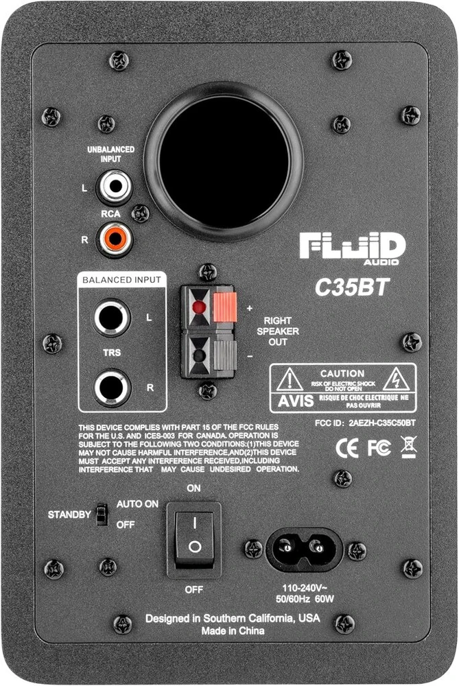 Kompiuterio kolonėlės Fluid Audio C35bt studijiniai monitoriai, aktyvių garsiakalbių pora (tikslus garsas ir tolygus dažnių atsakas, studijinis garsiakalbis su neutraliu garso balansu, monitoriaus dėžės su 3,5 colio tvarkykle ir Bt jungtimi)