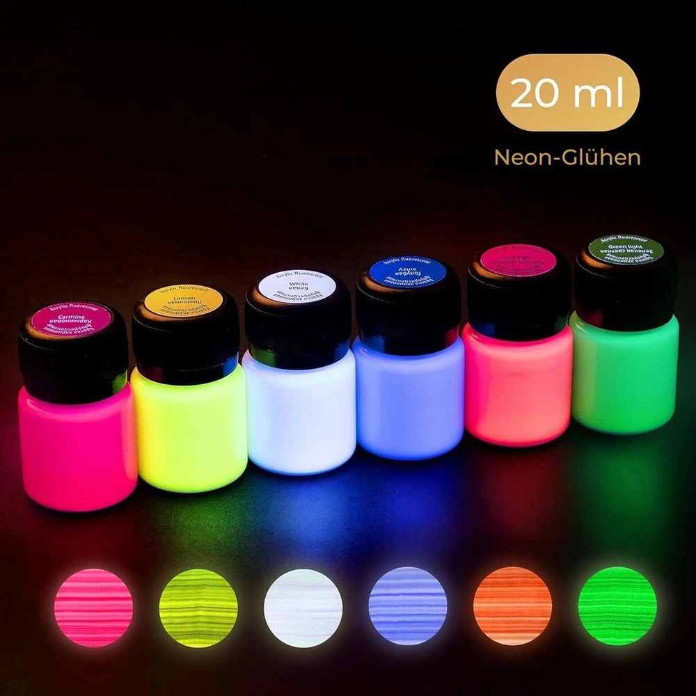 Fluorescencinė spalva | 6 x 20 ml indelių | Neoninių akrilo spalvų rinkinys su švytėjimo efektu tamsoje po Uv šviesa) | Nevskaya Palitra