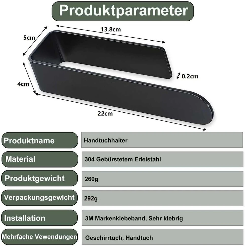 Foanlerck laikiklis arbatiniams rankšluosčiams, laikiklis rankšluosčiams be gręžimo, laikiklis indų rankšluosčiams 22 cm, 304 nerūdijančio plieno laikiklis rankšluosčiams, juodas virtuvinis sieninis indų šluostės laikiklis, rankšluosčių kabykla be gręžimo