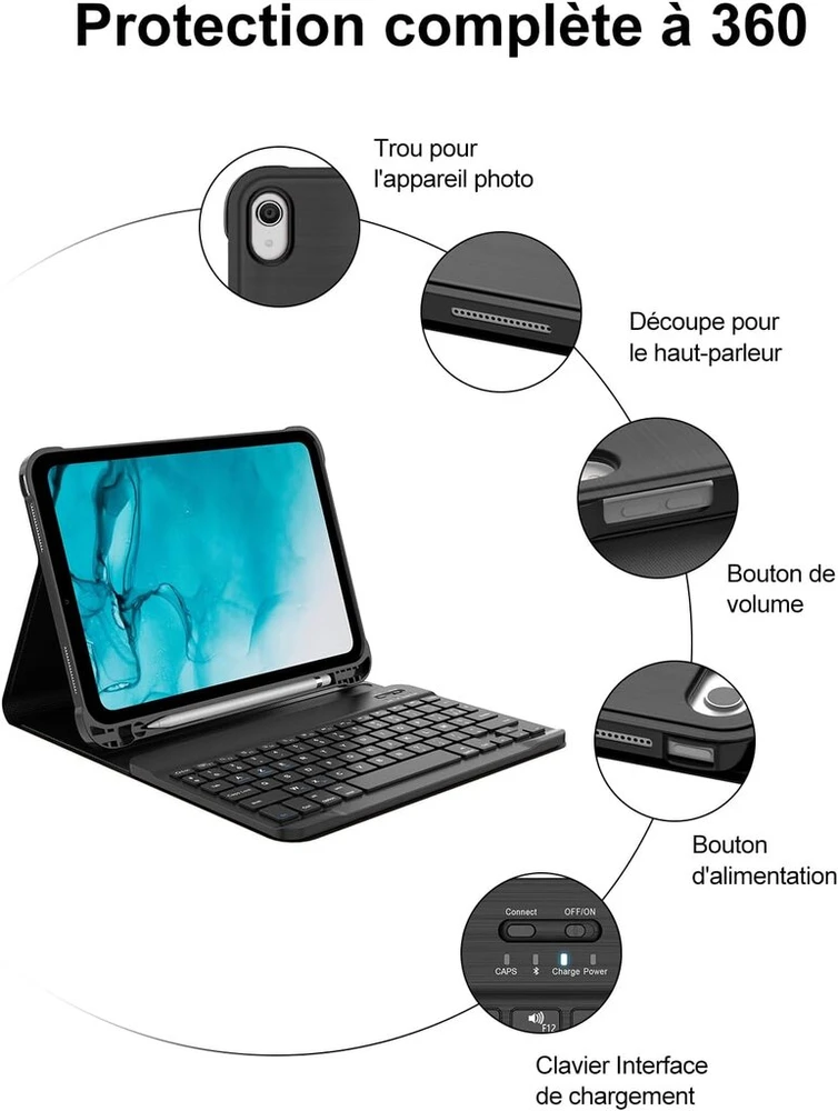 Fogari klaviatūra, skirta ipad 10th generation 2022 | azerty belaidė bluetooth klaviatūra | apsauginis dėklas su pieštuko laikikliu | klaviatūra, skirta ipad 10th gen 10.9 colių - a2696/a2757/a2777, juoda