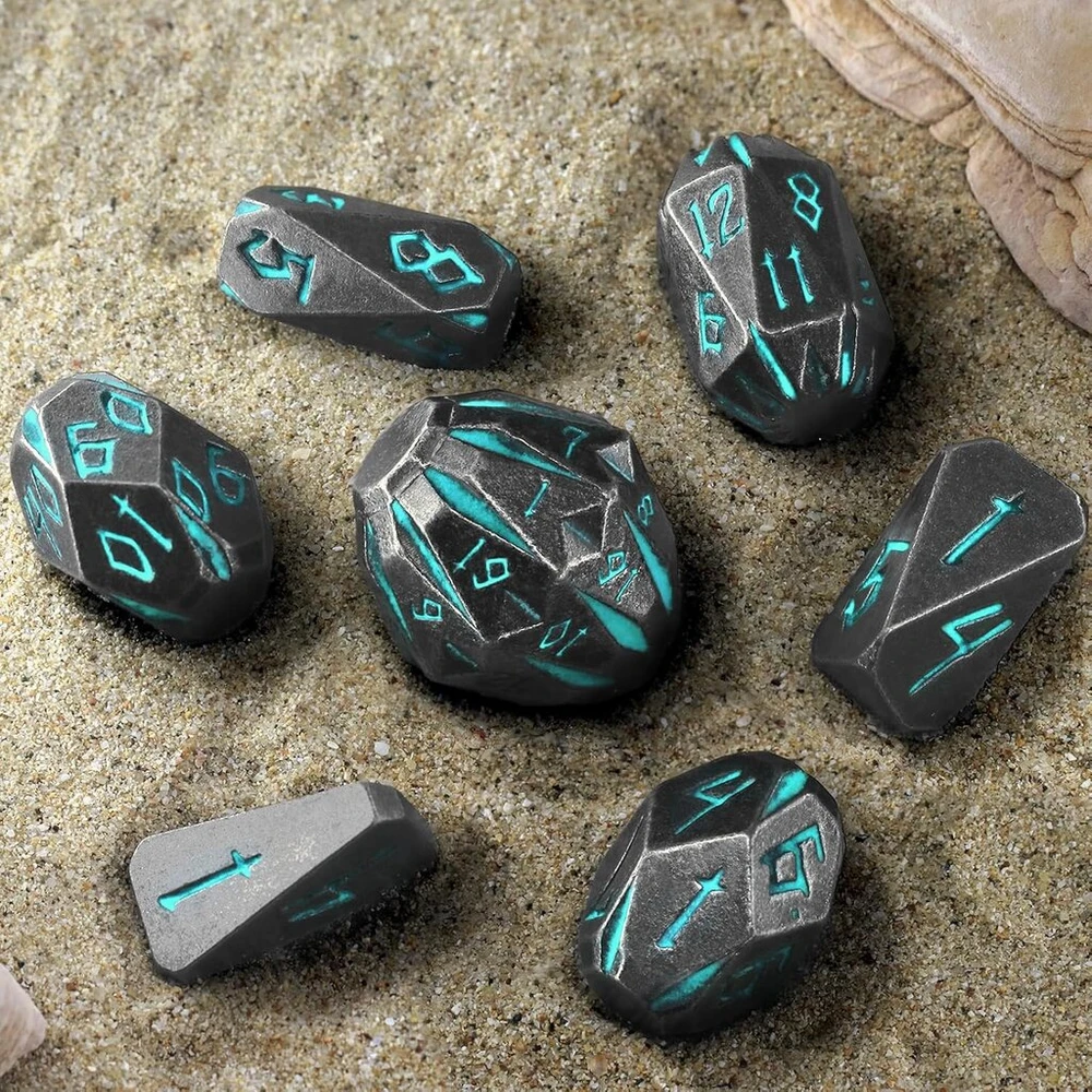 Fonvgogo metalinis dnd kauliukų rinkinys su 7 dalimis, skirtas dungeons and dragons, poliedrinis metalinis stonehenge kauliukų rinkinys d&d su dėklu, vaidmenų žaidimo kauliukai (stonehenge mėlynas)