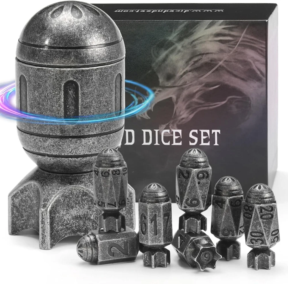 Fonvgogo metalinis dnd kauliukų rinkinys „rocket“ su 7 dalimis ir besisukančiu konteineriu raketos formos, šaunus dnd kauliukų rinkinys „bullet“, skirtas „dungeons and Dragons“ d&d dovanai (rocket Old Sidabrinis)