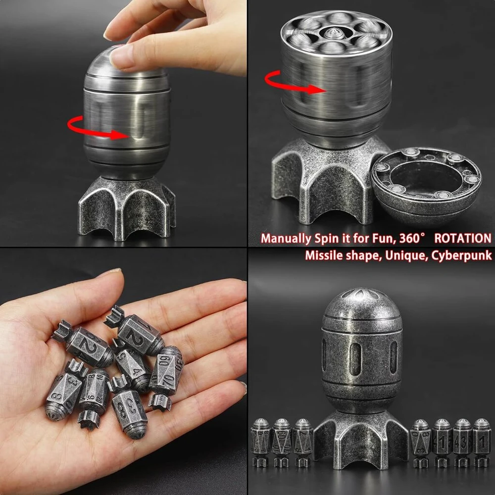 Fonvgogo metalinis dnd kauliukų rinkinys „rocket“ su 7 dalimis ir besisukančiu konteineriu raketos formos, šaunus dnd kauliukų rinkinys „bullet“, skirtas „dungeons and Dragons“ d&d dovanai (rocket Old Sidabrinis)