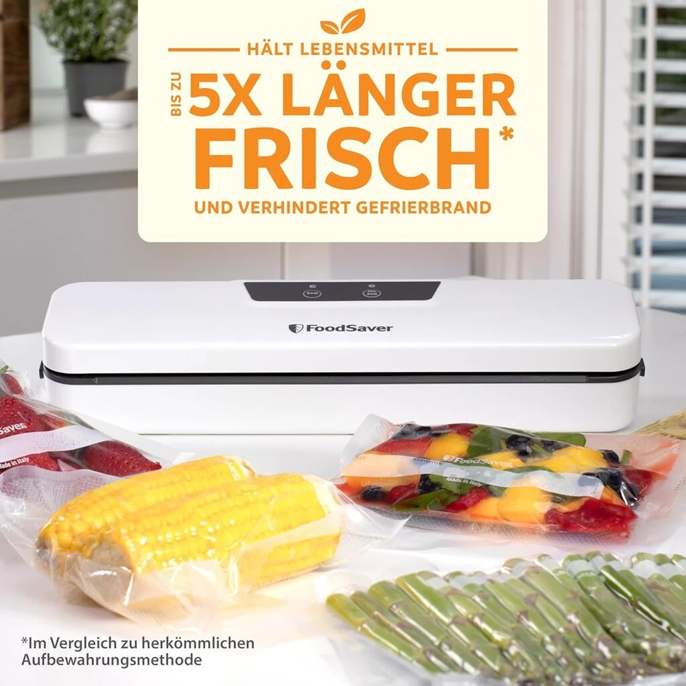 Foodsaver Everyday vakuuminis sandariklis | Maistas išlieka šviežias iki 5 kartų ilgiau | Kompaktiško dizaino vakuuminis sandariklis efektyviam laikymui | Su 5 vakuuminiais maišeliais (0,94 l ir 3,78 l) | Vs0290x