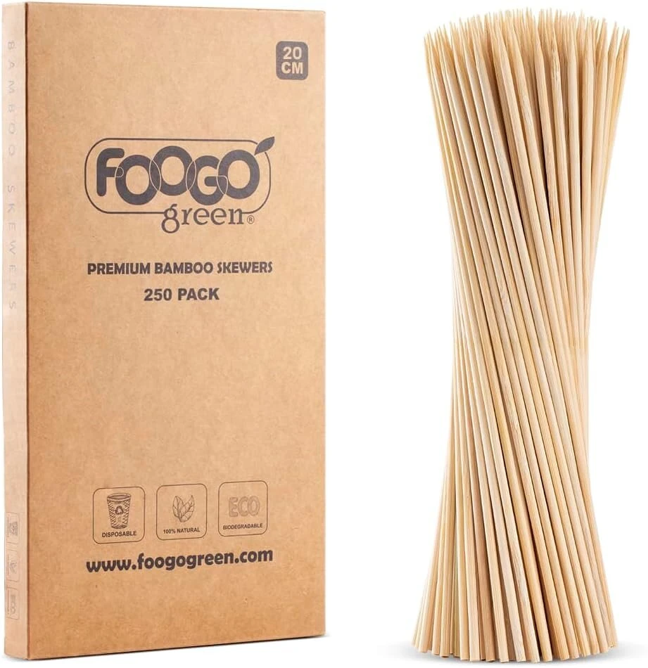 Foogo Žalias 250 bambukiniai iešmeliai, sertifikuoti pagal fsc, tvirti, ekologiški 20 cm iešmeliai bbq ir kebabams, vaisių smeigtukai, kokteilių smeigtukai stovyklavimui, vakarėliams ir vestuvėms