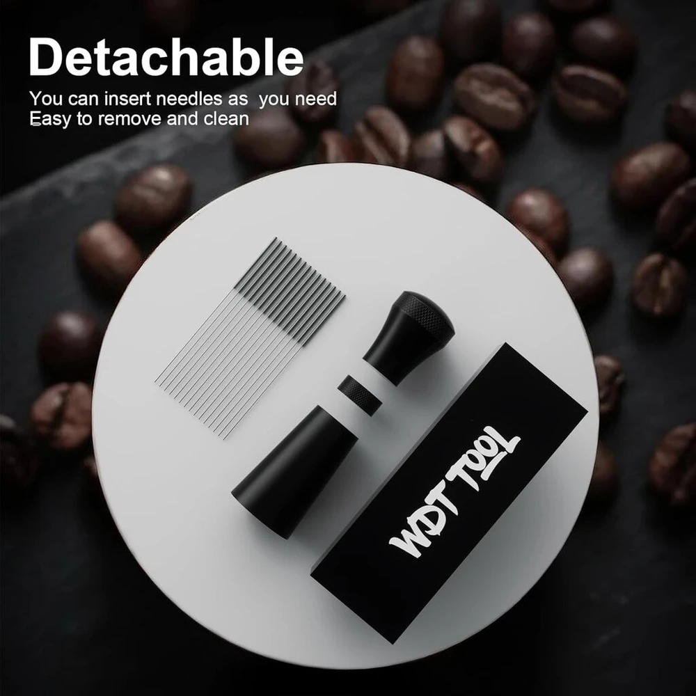 Foonii Wdt įrankis, nuimamas kavos skirstytuvas su stovu su 7 espresso adatomis 0,3 mm, aliuminio Wdt įrankis espresso kavos skirstytuvas, dovanos baristoms (juodas)