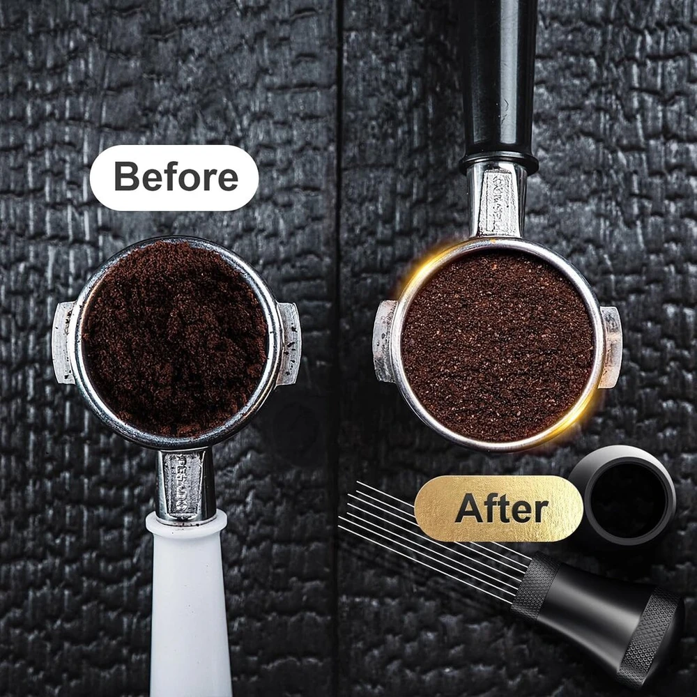 Foonii Wdt įrankis, nuimamas kavos skirstytuvas su stovu su 7 espresso adatomis 0,3 mm, aliuminio Wdt įrankis espresso kavos skirstytuvas, dovanos baristoms (juodas)