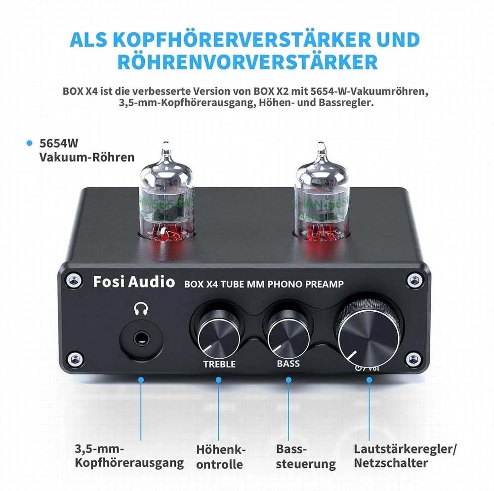 Fosi Audio Box X4 hifi phono lempinis priešstiprintuvas, hifi lempinis priešstiprintuvas ausinėms, jan 5654w vakuuminės lempos mm patefonui, stereo garso stiprinimas phono audiofilams