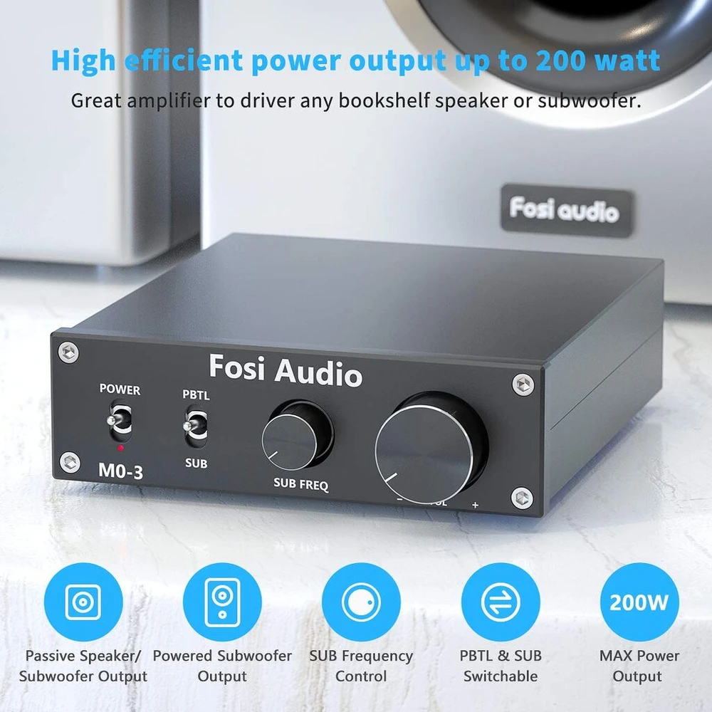 Kompiuterio kolonėlės Fosi Audio M03 žemų dažnių garsiakalbio stiprintuvas 200 W, Tpa3255 mini mono kanalo žemų dažnių garsiakalbio stiprintuvas, pilno dažnio ir žemų dažnių perjungiamas žemų dažnių garsiakalbio stiprintuvas, integruotas D klasės galios stiprintuvas žemų dažni
