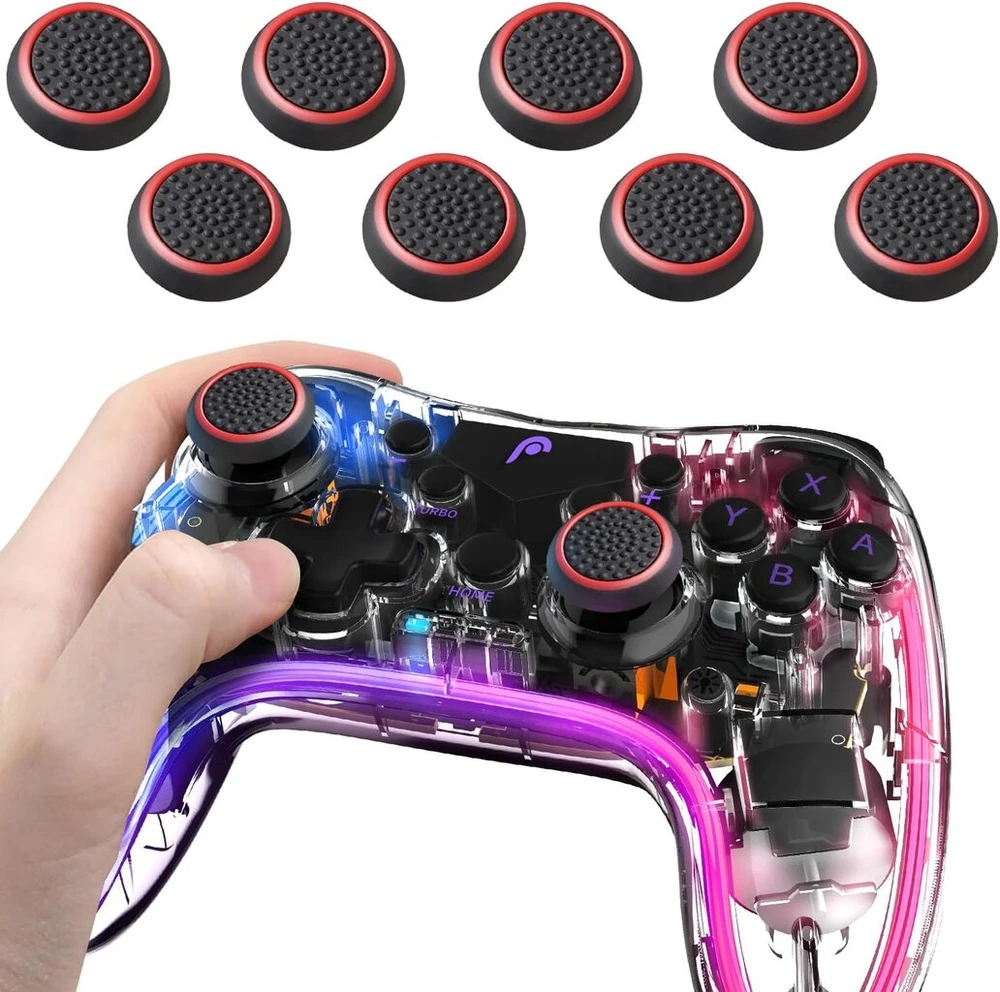 Fosmon (4 poros / 8 vnt.) analoginių lazdelių valdiklio našumo nykščių laikikliai, skirti ps4 | ps3 | XBOX one | XBOX 360 (juoda/raudona)