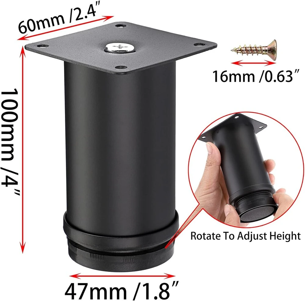 Fotelis Sumtree 10 cm, 4 vnt. baldų kojelių rinkinys, nerūdijančio plieno spintelių kojelės, kojelės kėdėms, stalui, spintelei ir sofai, baldų kojelės, lengvas surinkimas, apvalios (juodos)