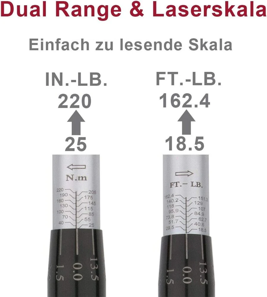 Fourrober Sukimo momento raktų rinkinys 25-220 Nm, 1/2 colio (12,6 mm) ekonominis rinkinys su adapteriu, prailgintuvu ir dėklu +/- 4% paklaida