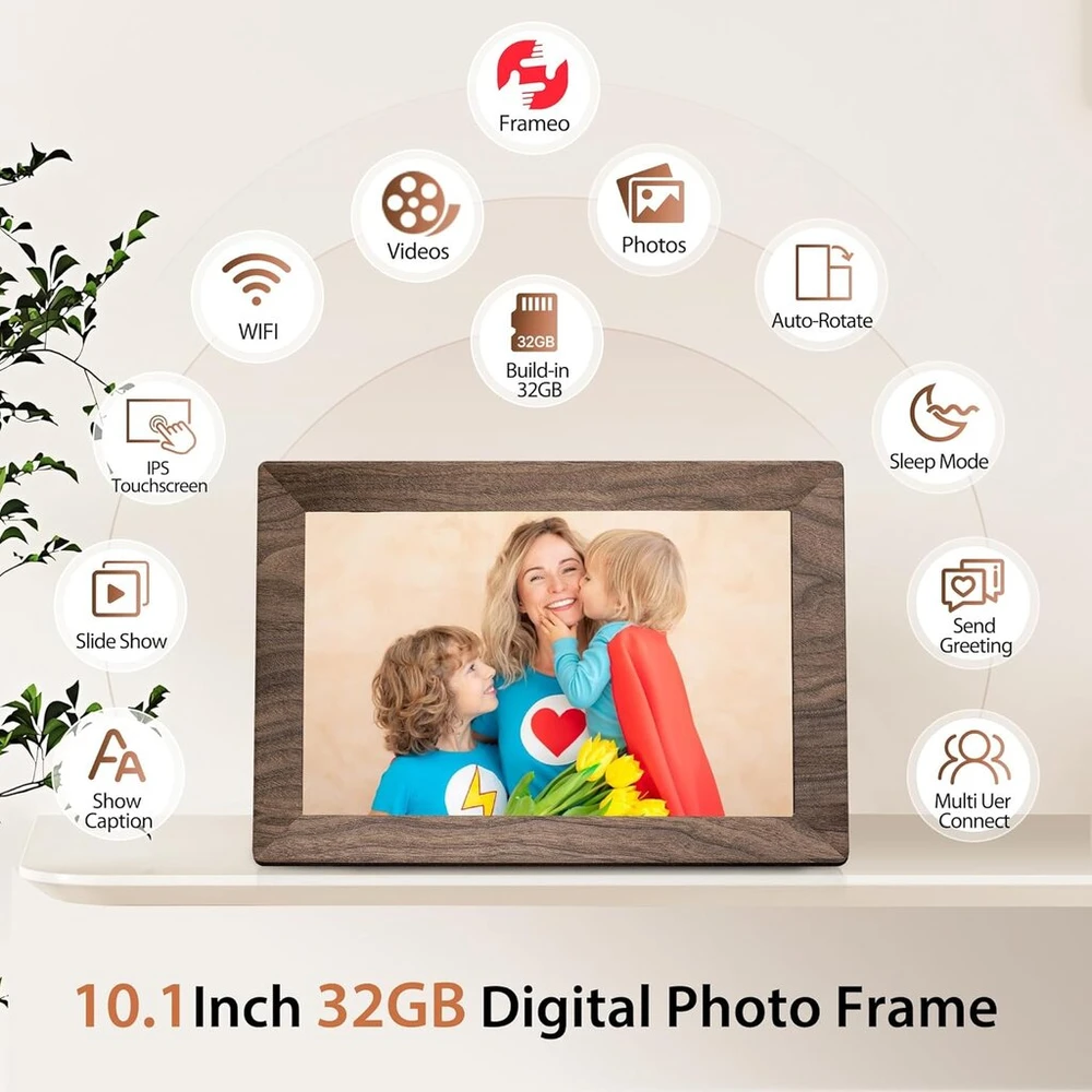 Frameo 10,1 colio skaitmeninis nuotraukų rėmelis su 32 gb atmintimi, wifi elektroninis nuotraukų rėmelis, jutiklinis ekranas, automatinis pasukimas, paprastas nustatymas ir nuotraukų ar vaizdo įrašų bendrinimas per frameo programėlę – rudo medžio