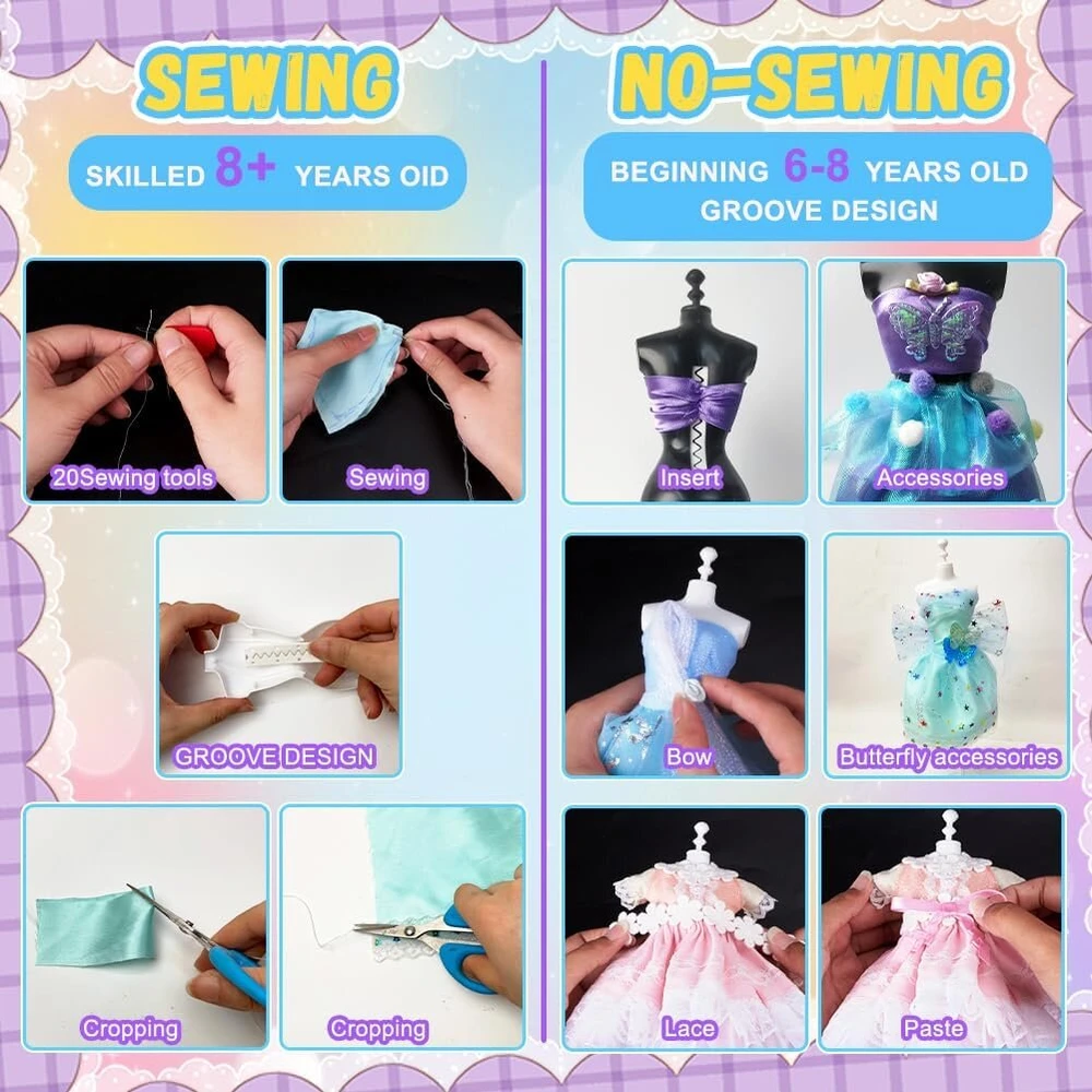 Freebloss 600+ dalių mados dizaino rinkinys, siuvimo rinkinys vaikams su 4 manekenais, siuvimo amatų rinkinys, amatai, siuvimo rinkinys suaugusiems, suknelių dizainerio rinkinys visoms amžiaus grupėms