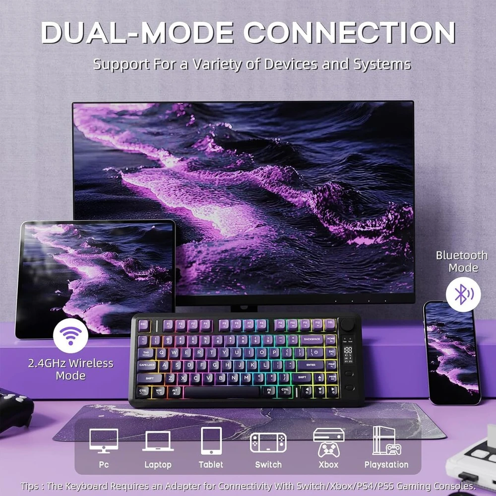 Freewolf M75 dviejų režimų belaidė klaviatūra, bluetooth+2.4g, valdymas mygtukais ir ekranas, 82 kompaktiški pbt gradientiniai klavišų dangteliai, vaivorykštės apšvietimas, konfliktų neturintys visi klavišai, skirti mac/win violetinė