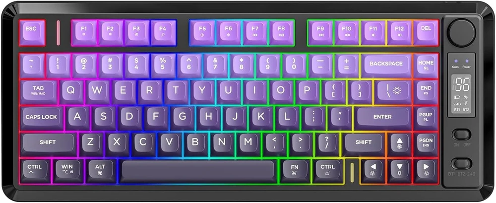 Freewolf M75 dviejų režimų belaidė klaviatūra, bluetooth+2.4g, valdymas mygtukais ir ekranas, 82 kompaktiški pbt gradientiniai klavišų dangteliai, vaivorykštės apšvietimas, konfliktų neturintys visi klavišai, skirti mac/win violetinė