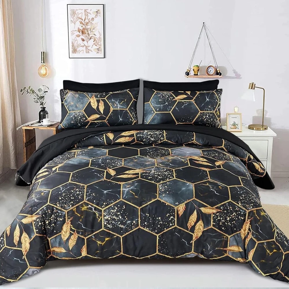 Freyamy 3d marmuro patalynės komplektas 135 x 200 cm, 2 dalių, juodo aukso geometrinis marmuro raštas, prabangi patalynė, 100% mikropluošto patalynės komplektai, minkštas antklodės užvalkalas su užtrauktuku ir pagalvės užvalkalas 80 x 80 cm