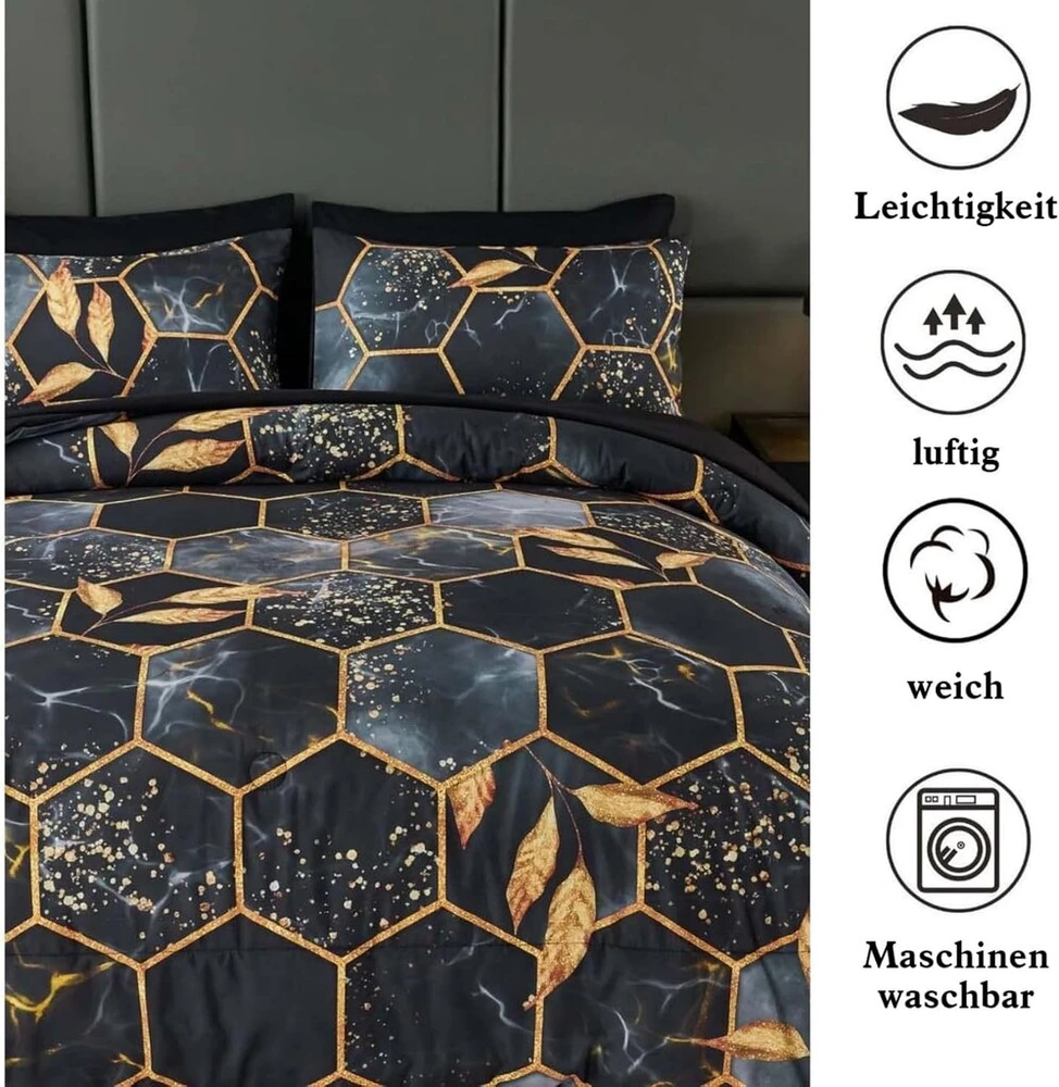 Freyamy 3d marmuro patalynės komplektas 135 x 200 cm, 2 dalių, juodo aukso geometrinis marmuro raštas, prabangi patalynė, 100% mikropluošto patalynės komplektai, minkštas antklodės užvalkalas su užtrauktuku ir pagalvės užvalkalas 80 x 80 cm