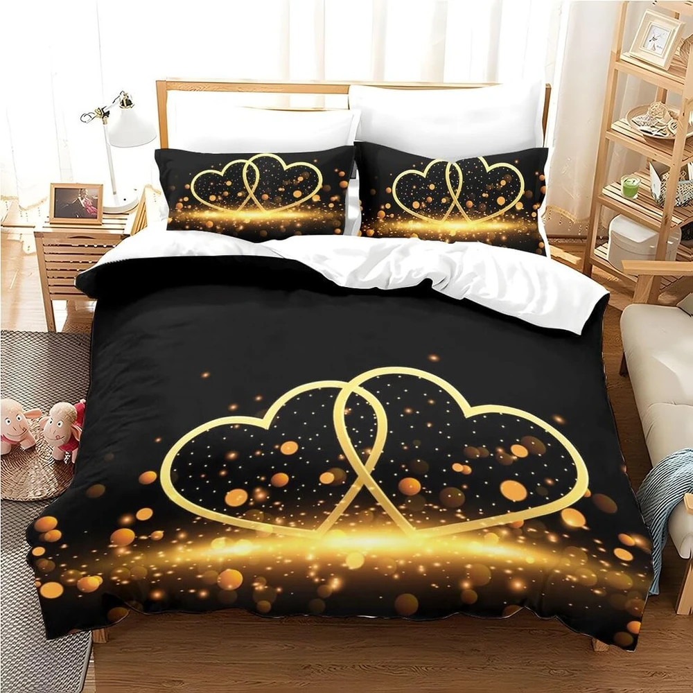 Freyamy 3d patalynės komplektas su širdelėmis 220 x 240 cm, 3 dalių, juodos ir aukso spalvų širdelių motyvas, prabangi patalynė, minkštas mikropluoštas, vaikiška patalynė mergaitėms, antklodės užvalkalas su užtrauktuku ir 2 pagalvių užvalkalai 80 x 80 cm