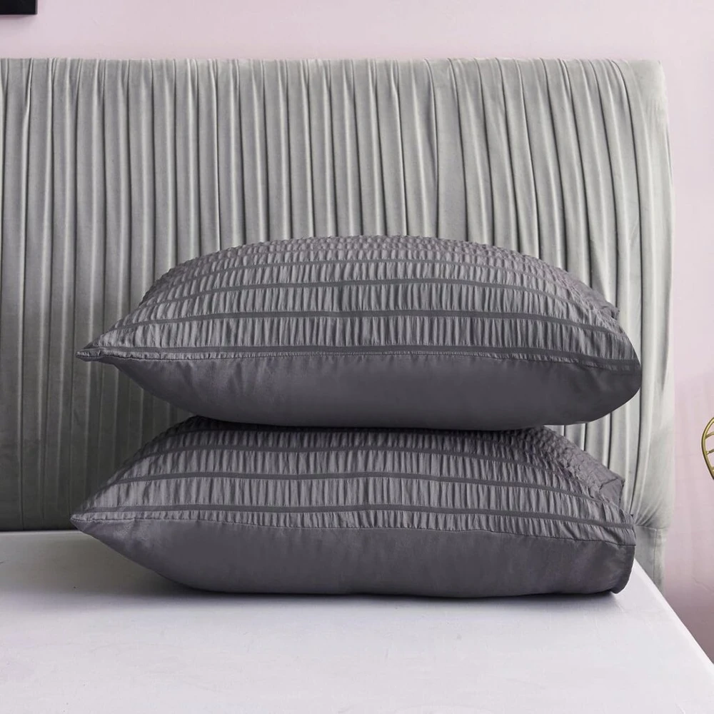 Freyamy seersucker pagalvėlės užvalkalas 40 x 80 cm, 2 vnt., pilkas reljefinis dryžuotas tekstūruotas elegantiškas pagalvėlės užvalkalas, šlifuotas mikropluoštas, minkštas pagalvėlės užvalkalas su užtrauktuku