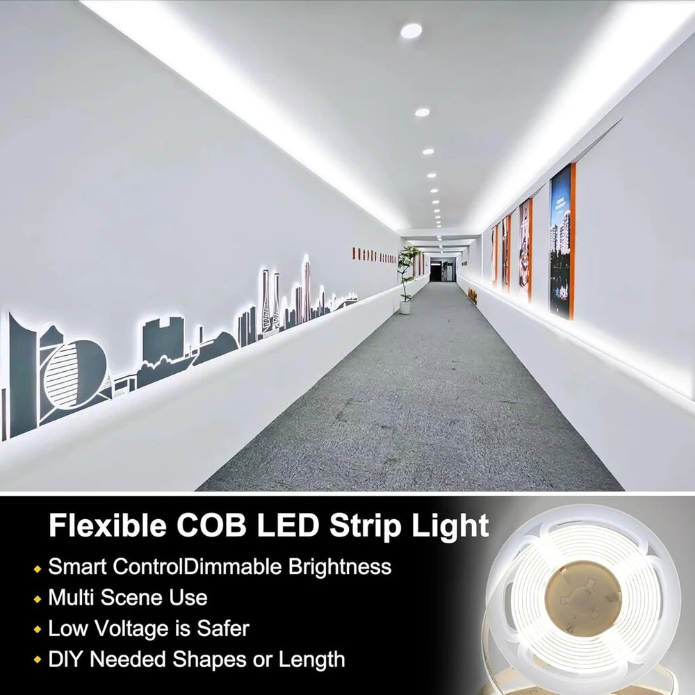 Fuiqi Cob Led juosta 5 m, dienos šviesos balta 6000 K Led juosta, 24 V šviesos juosta, pritemdoma su nuotolinio valdymo pulteliu ir maitinimo šaltiniu, išmanioji programėlė, Cri>90, 8 mm plotis, tinkama miegamiesiems, virtuvėms, spintelėms