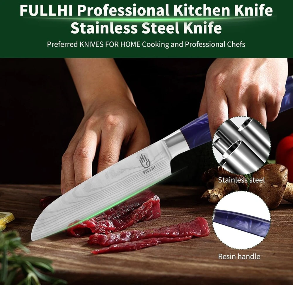 Fullhi santoku peiliai, 2 vnt. įvairiaspalvių 5 colių japoniškų peilių rinkinys, pjaustymo peilis, nerūdijančio plieno virtuvinis peilis su apsaugine įmaute (violetinė resin)