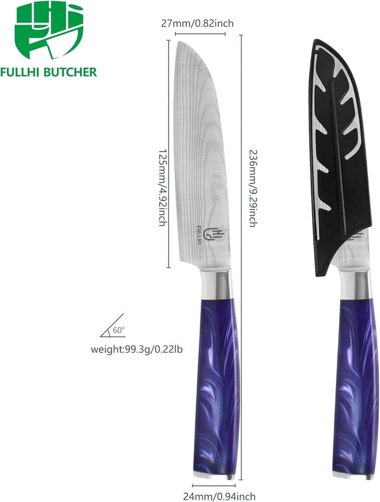 Fullhi santoku peiliai, 2 vnt. įvairiaspalvių 5 colių japoniškų peilių rinkinys, pjaustymo peilis, nerūdijančio plieno virtuvinis peilis su apsaugine įmaute (violetinė resin)