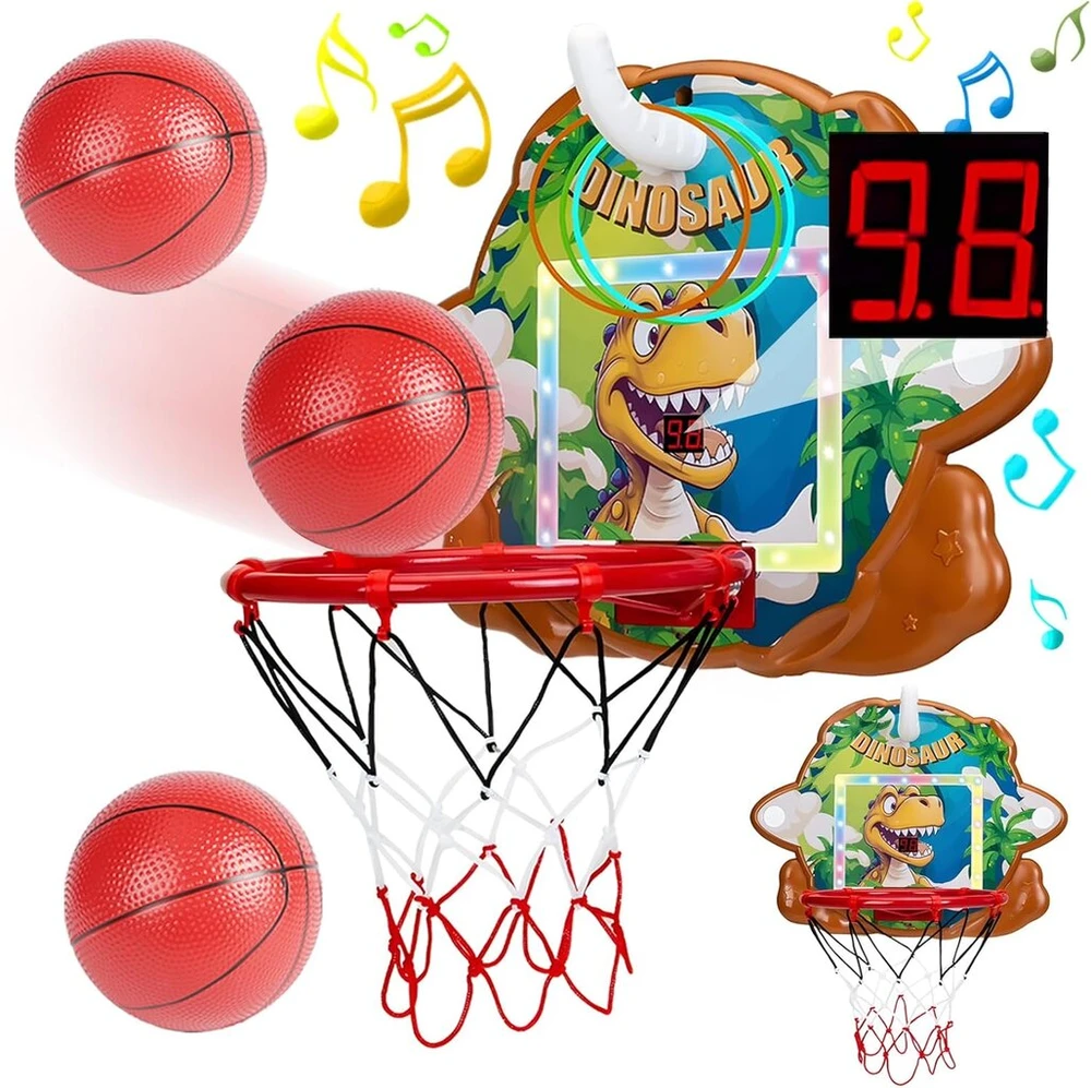 Fullware mini krepšinio lankas vaikams – 2-in-1 su žiedų mėtymu ir dino dizainu, mini krepšinio lankas vidaus/lauko naudojimui, rezultatų ekranas/muzika – dovana berniukams nuo 3 iki 10 metų
