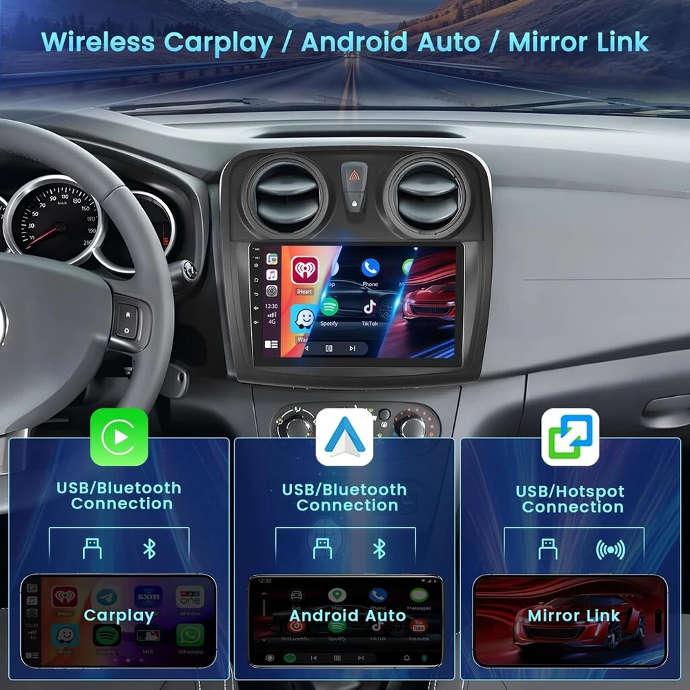Automagnetola Fuluku 2+64g android automobilinis radijas renault dacia sandero ii b52 2012-2019 su belaidžiu carpaly & android auto, 9 colių ips jutiklinis ekranas su bluetooth/gps/atbuline kamera/fm/wifi/swc/26ui