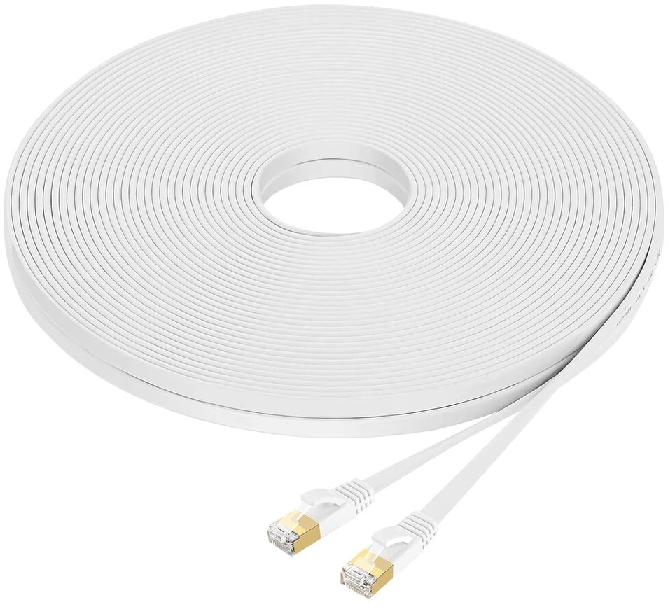Fumitt Cat 8 Lan kabelis, 25 metrai, didelio greičio plokščias gigabitinis tinklo kabelis, 25 m, Ethernet kabelis, interneto jungiamasis kabelis, 40 Gbps, 2000 Mhz, Rj45 skirtas žaidimams, maršrutizatoriui, modemui, nešiojamam kompiuteriui (baltas)