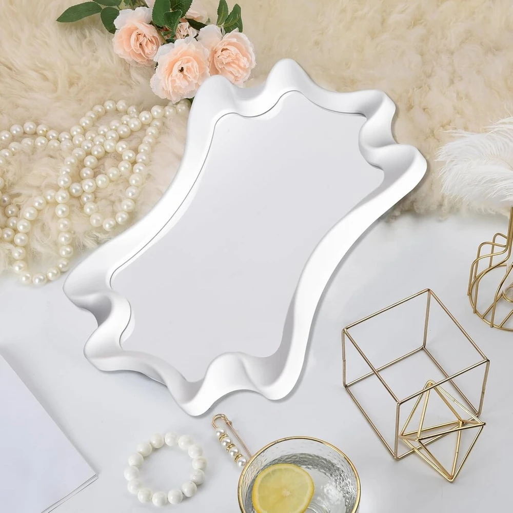Funerom netaisyklingas sieninis veidrodis mažas sieninis veidrodis banguotas veidrodis (baltas, 40 x 30 cm)